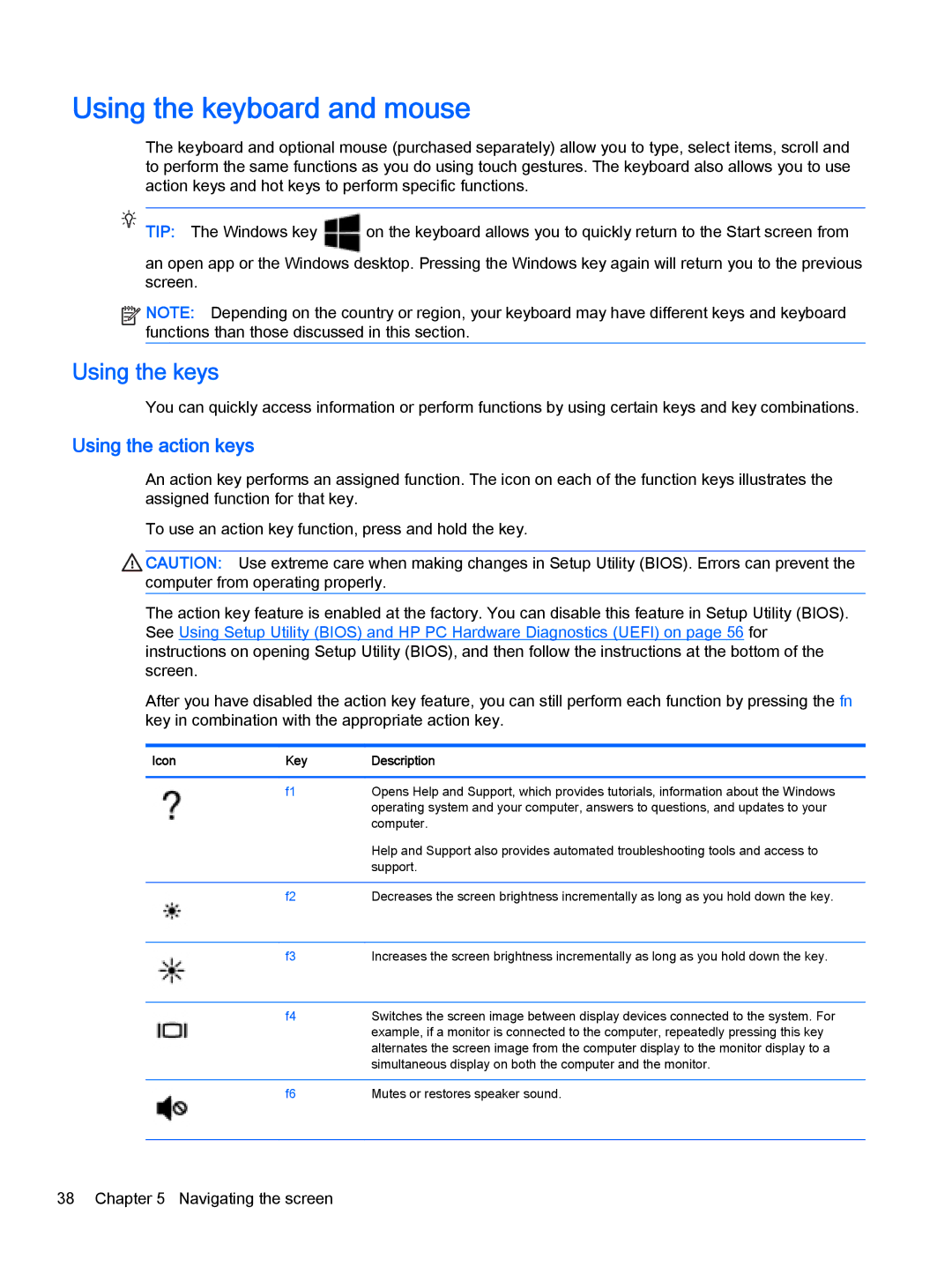 HP Stream - 11-d010nr manual Using the keyboard and mouse, Using the keys, Using the action keys, Icon Key Description 