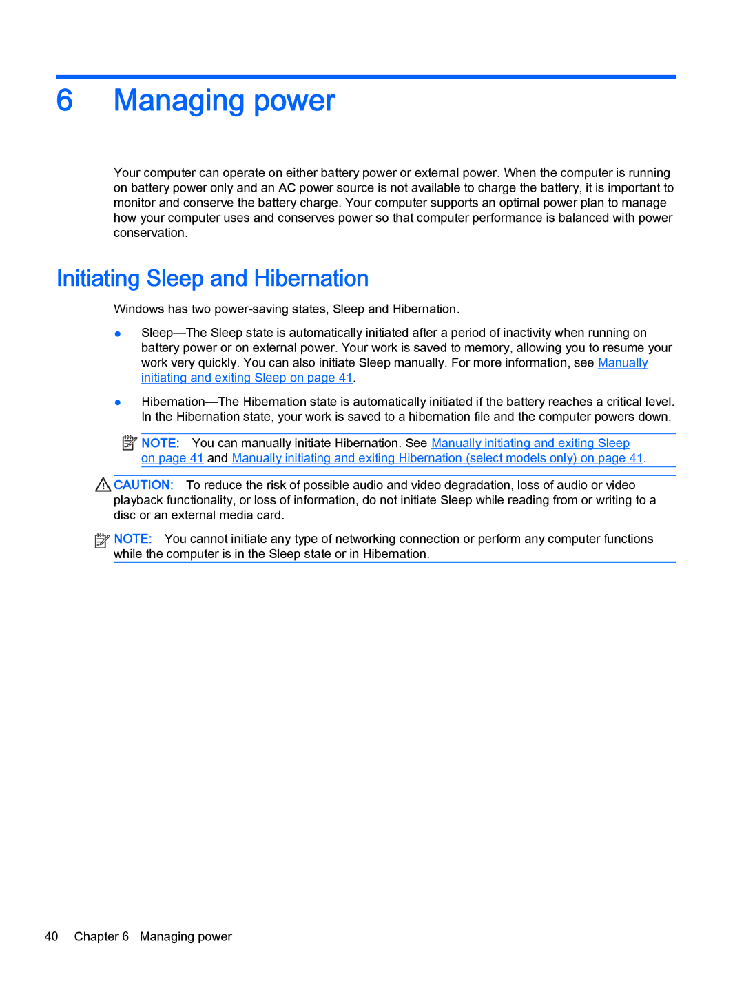 HP Stream - 11-d010wm, Stream - 11-d010nr, Stream - 11-d077nr manual Managing power, Initiating Sleep and Hibernation 