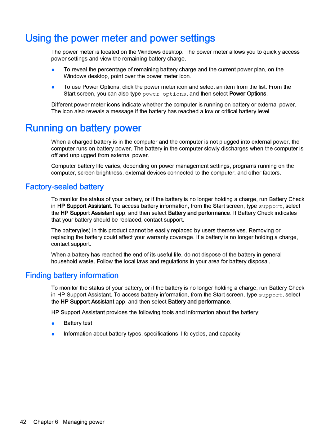 HP Stream - 11-d010nr manual Using the power meter and power settings, Running on battery power, Factory-sealed battery 