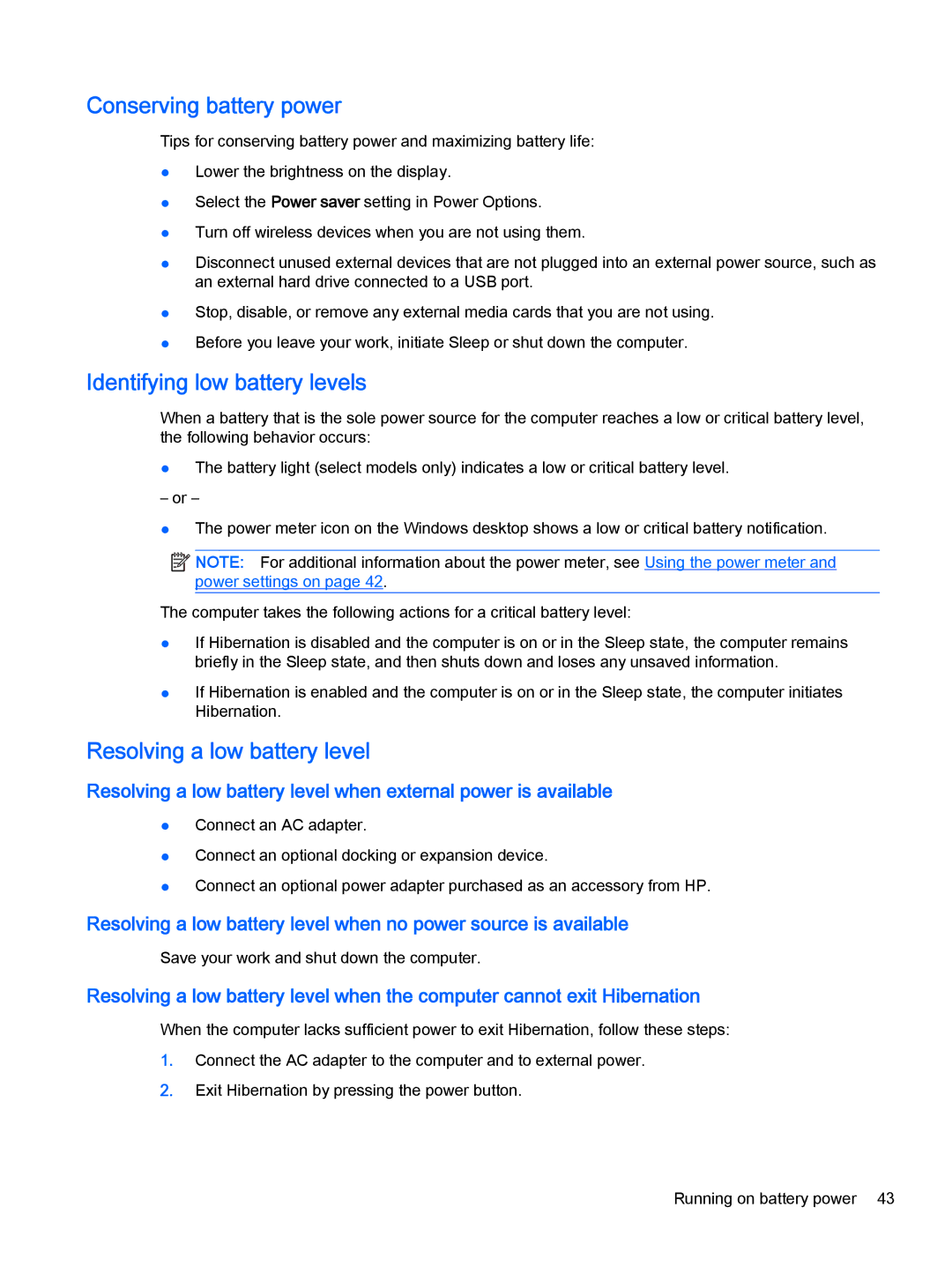 HP Stream - 11-d077nr manual Conserving battery power, Identifying low battery levels, Resolving a low battery level 