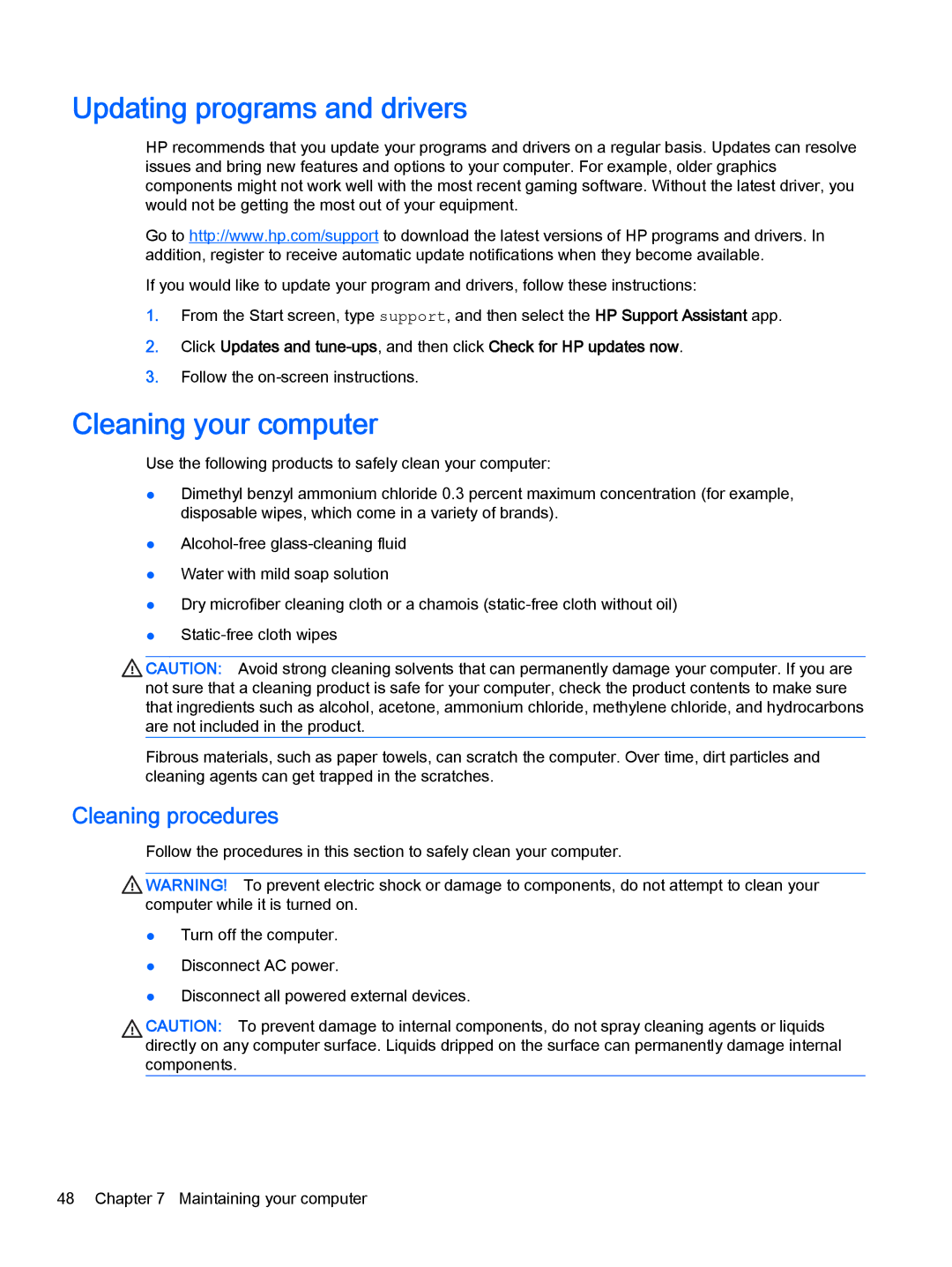 HP Stream - 11-d010wm, Stream - 11-d010nr manual Updating programs and drivers, Cleaning your computer, Cleaning procedures 