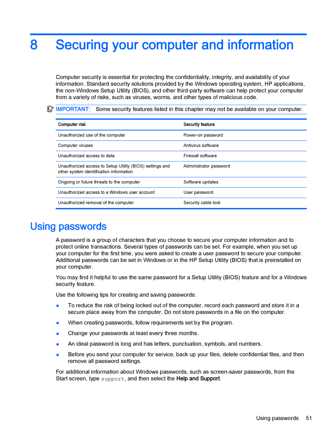 HP Stream - 11-d077nr manual Securing your computer and information, Using passwords, Computer risk Security feature 