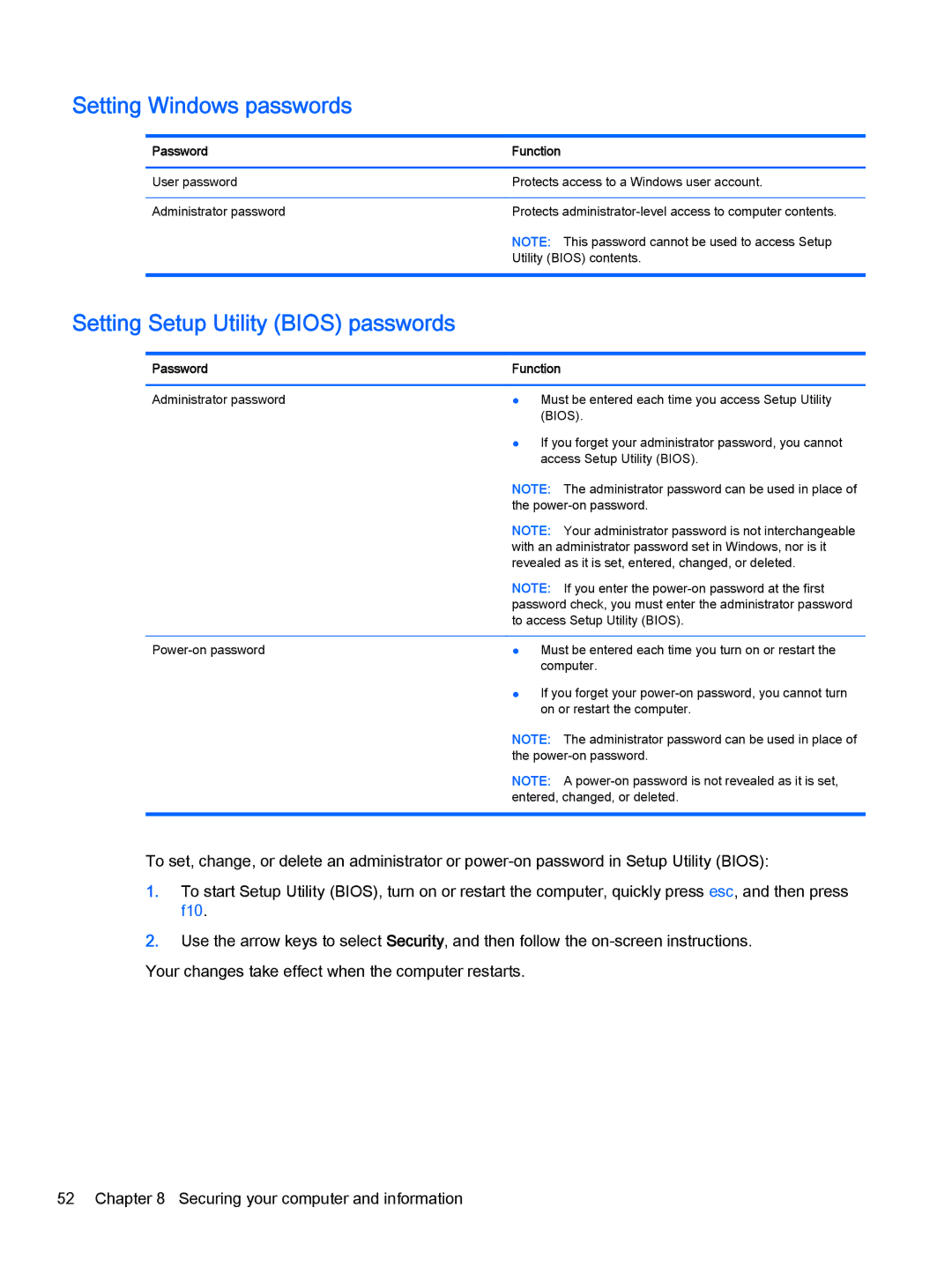 HP Stream - 11-d010wm manual Setting Windows passwords, Setting Setup Utility Bios passwords, Password Function 