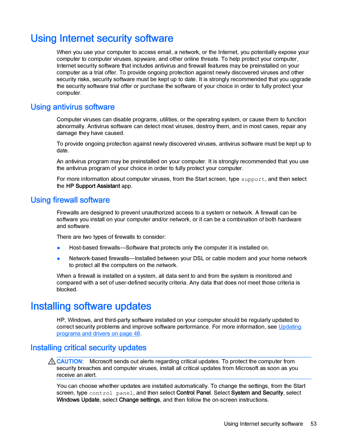 HP Stream - 11-d011wm manual Using Internet security software, Installing software updates, Using antivirus software 