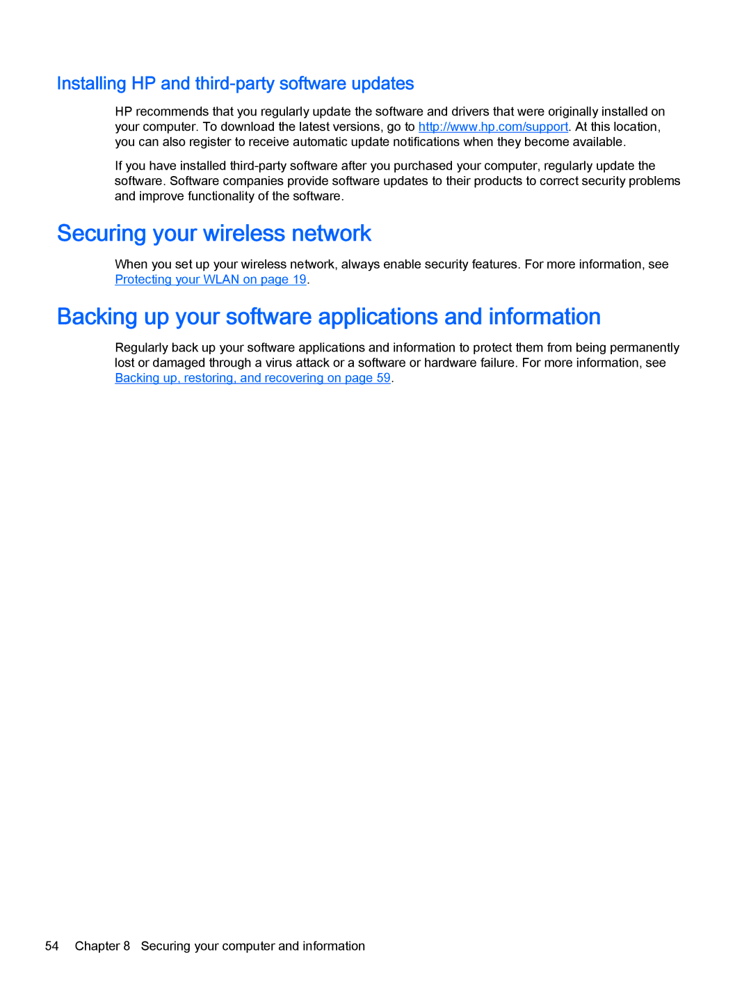 HP Stream - 11-d010nr manual Securing your wireless network, Backing up your software applications and information 