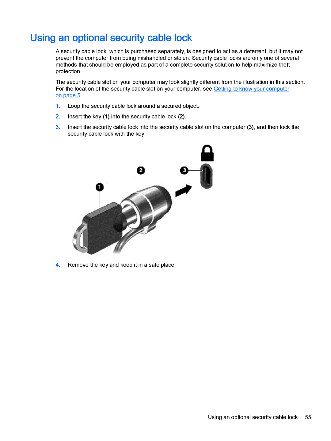 HP Stream - 11-d077nr, Stream - 11-d010nr, Stream - 11-d010wm, Stream - 11-d011wm manual Using an optional security cable lock 