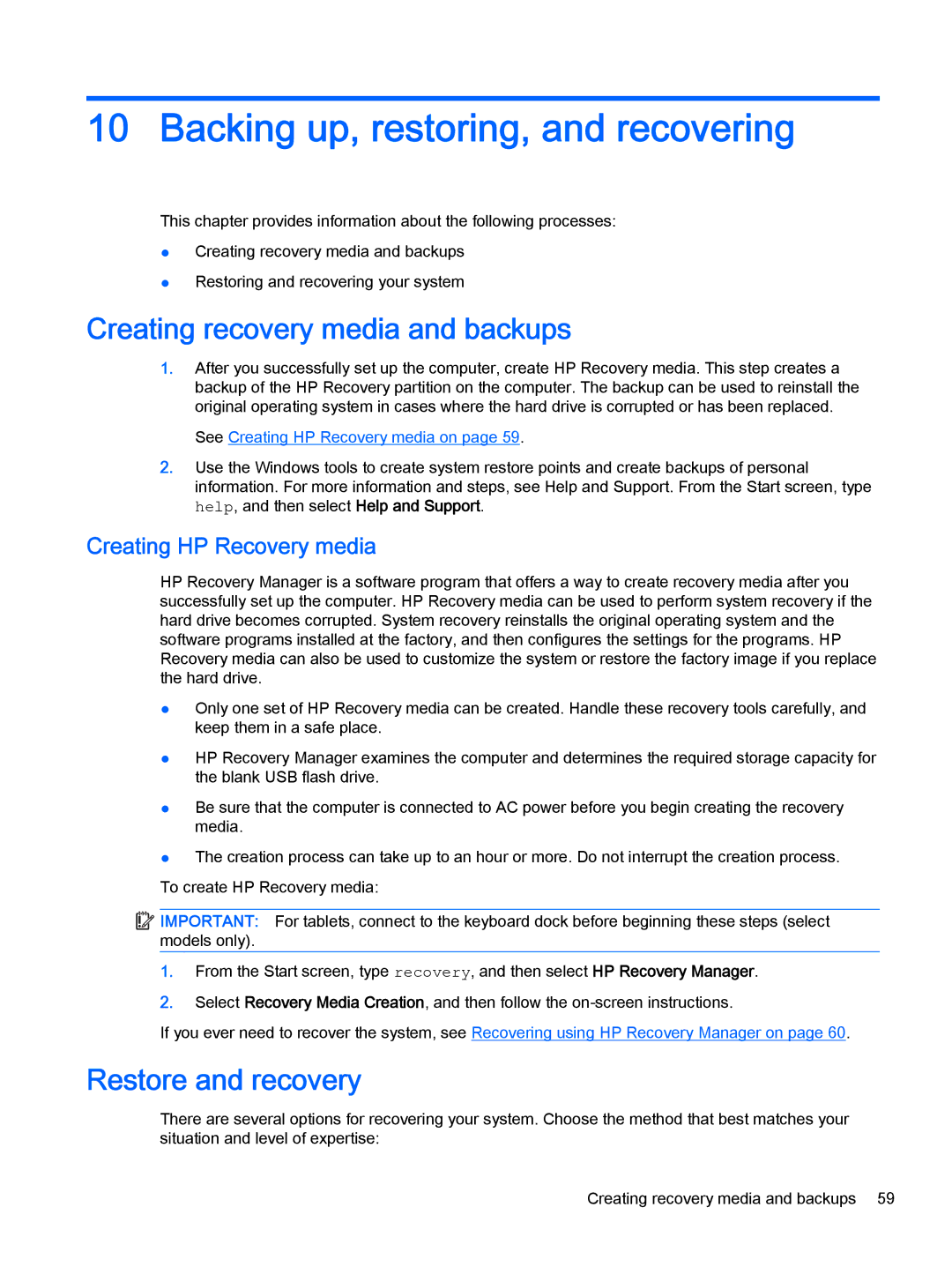 HP Stream - 11-d077nr Backing up, restoring, and recovering, Creating recovery media and backups, Restore and recovery 