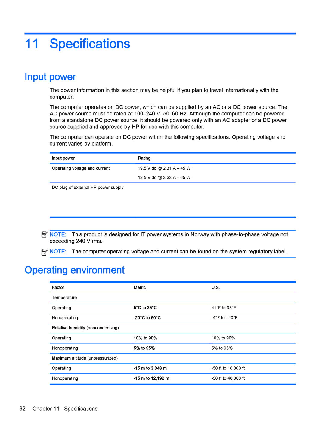 HP Stream - 11-d010nr, Stream - 11-d077nr, Stream - 11-d010wm manual Specifications, Input power, Operating environment 