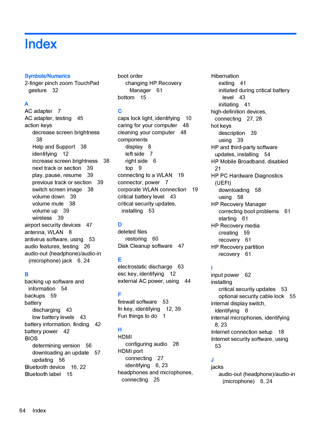 HP Stream - 11-d010wm, Stream - 11-d010nr, Stream - 11-d077nr, Stream - 11-d011wm manual Index, Symbols/Numerics 