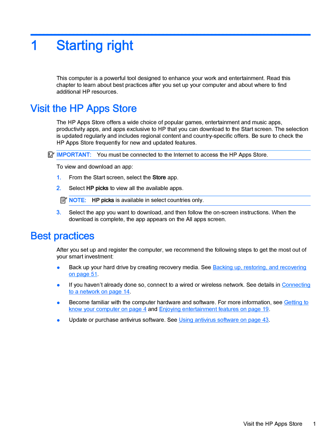 HP Stream - 13-c010nr, Stream - 13-c077nr manual Starting right, Visit the HP Apps Store, Best practices 