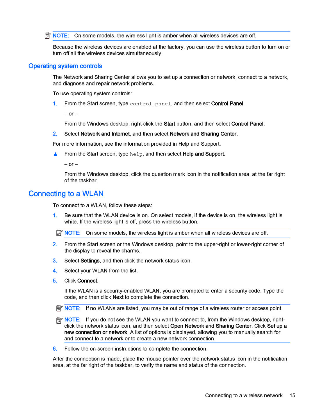 HP Stream - 13-c010nr, Stream - 13-c077nr manual Connecting to a Wlan, Operating system controls 