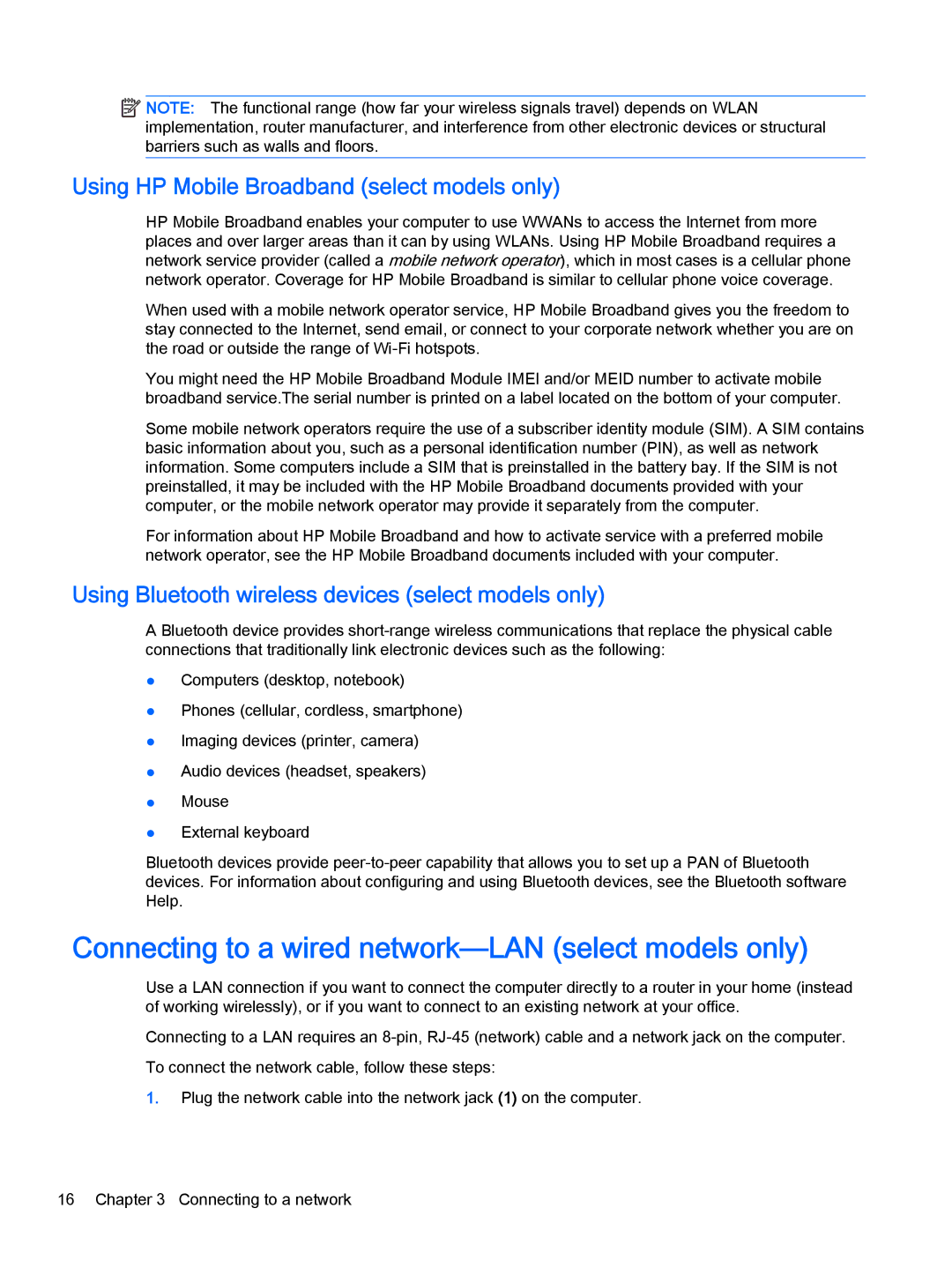 HP Stream - 13-c077nr Connecting to a wired network-LAN select models only, Using HP Mobile Broadband select models only 