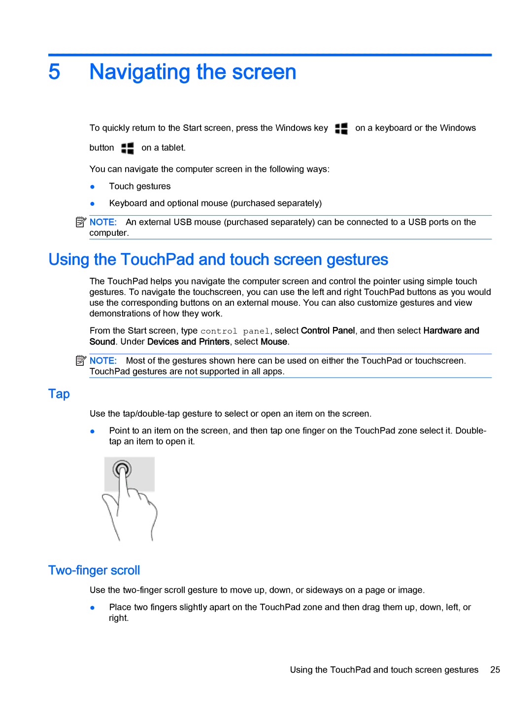 HP Stream - 13-c010nr manual Navigating the screen, Using the TouchPad and touch screen gestures, Tap, Two-finger scroll 