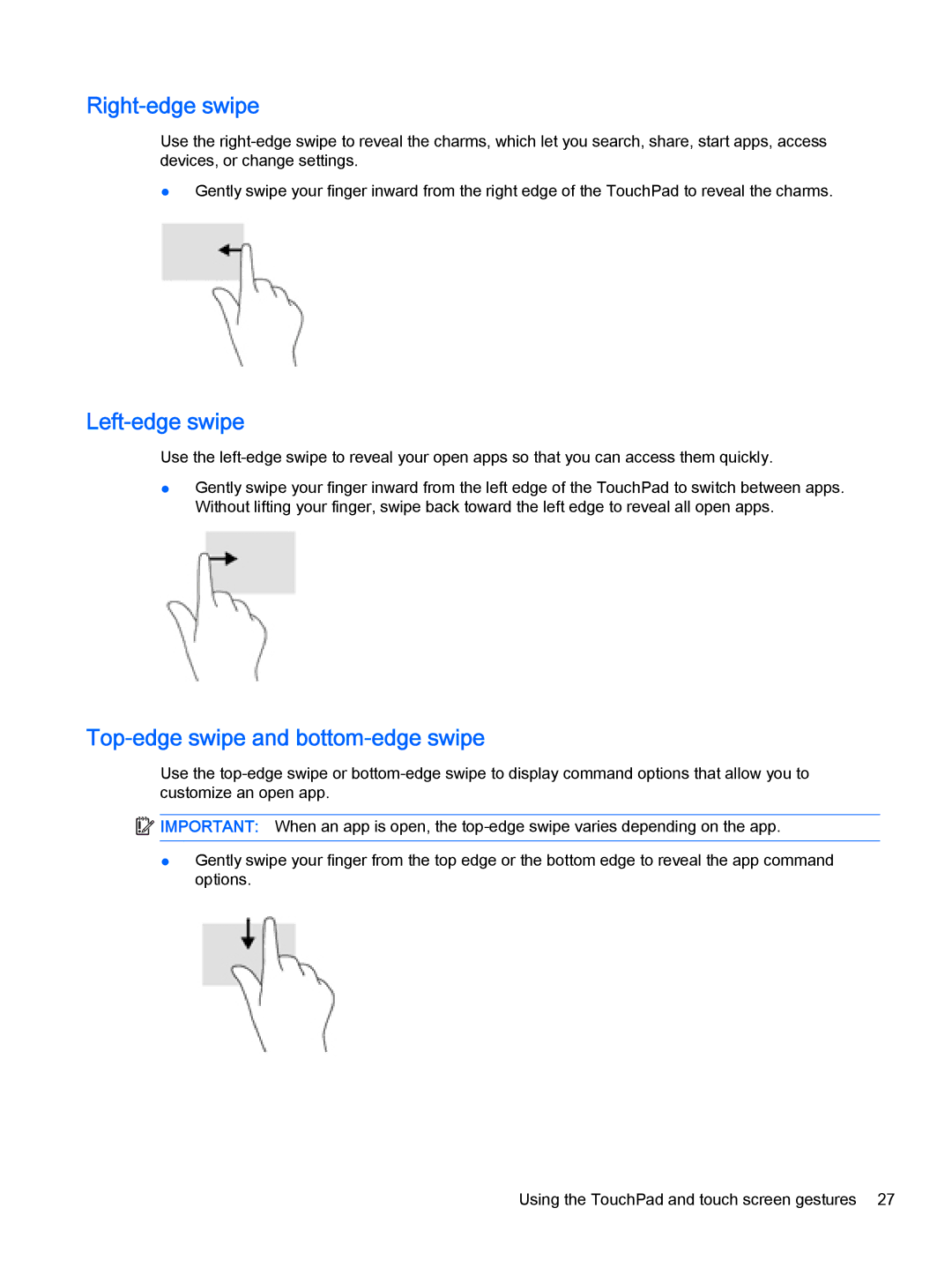 HP Stream - 13-c010nr, Stream - 13-c077nr manual Right-edge swipe, Left-edge swipe, Top-edge swipe and bottom-edge swipe 