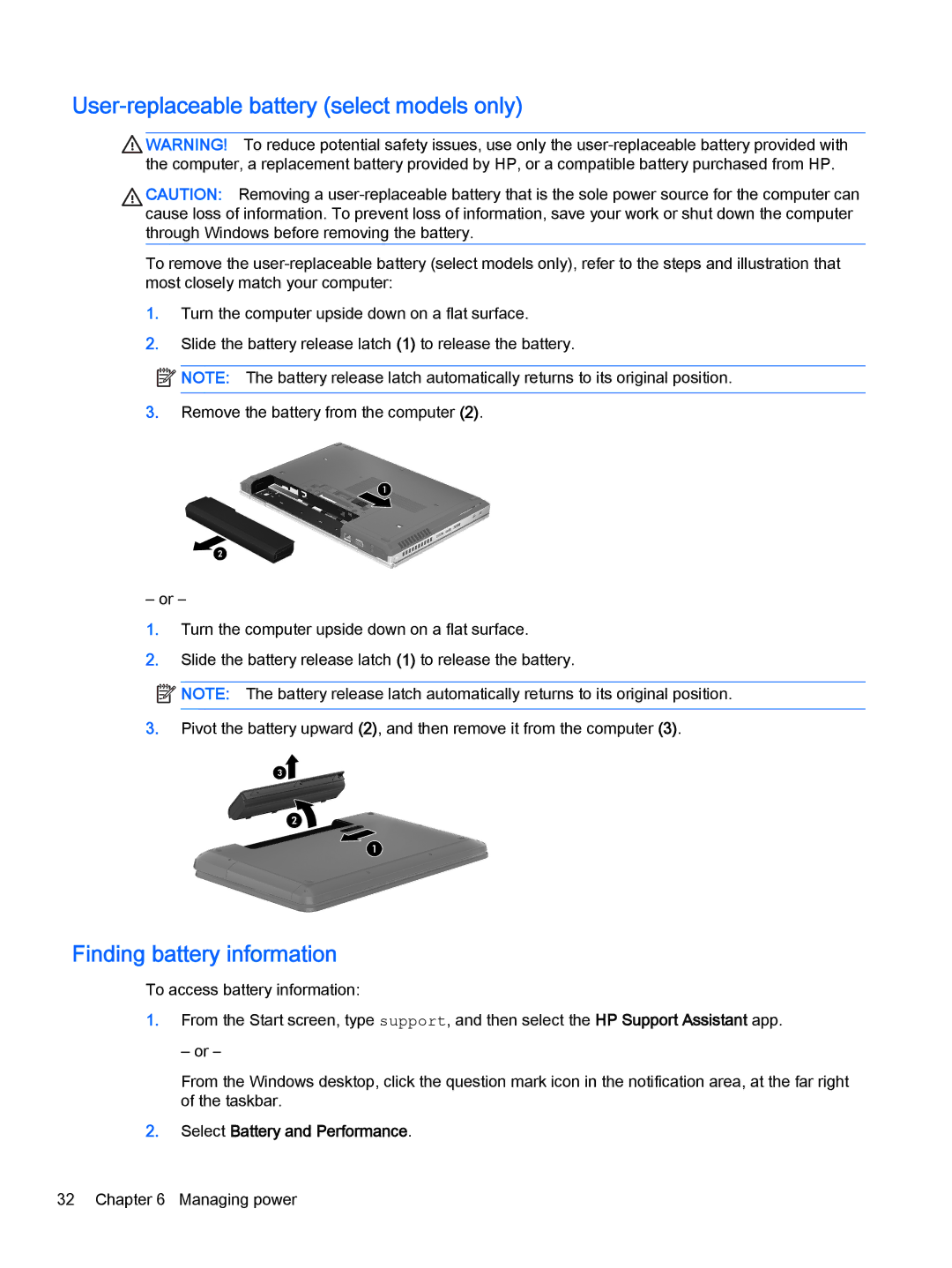 HP Stream - 13-c077nr, Stream - 13-c010nr manual User-replaceable battery select models only, Finding battery information 