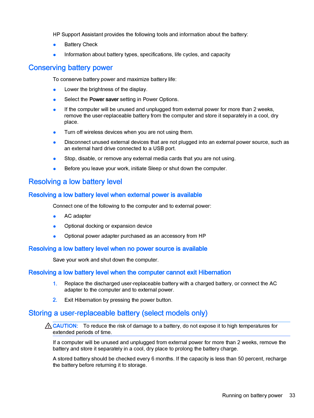 HP Stream - 13-c010nr, Stream - 13-c077nr manual Conserving battery power, Resolving a low battery level 