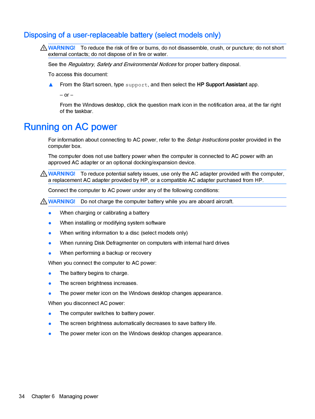 HP Stream - 13-c077nr, Stream - 13-c010nr Running on AC power, Disposing of a user-replaceable battery select models only 