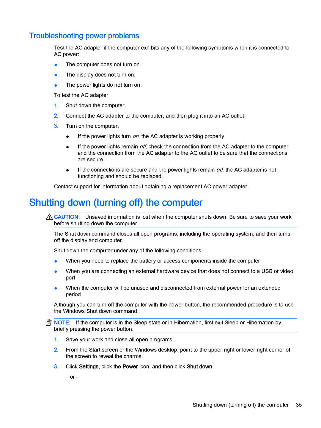 HP Stream - 13-c010nr, Stream - 13-c077nr manual Shutting down turning off the computer, Troubleshooting power problems 