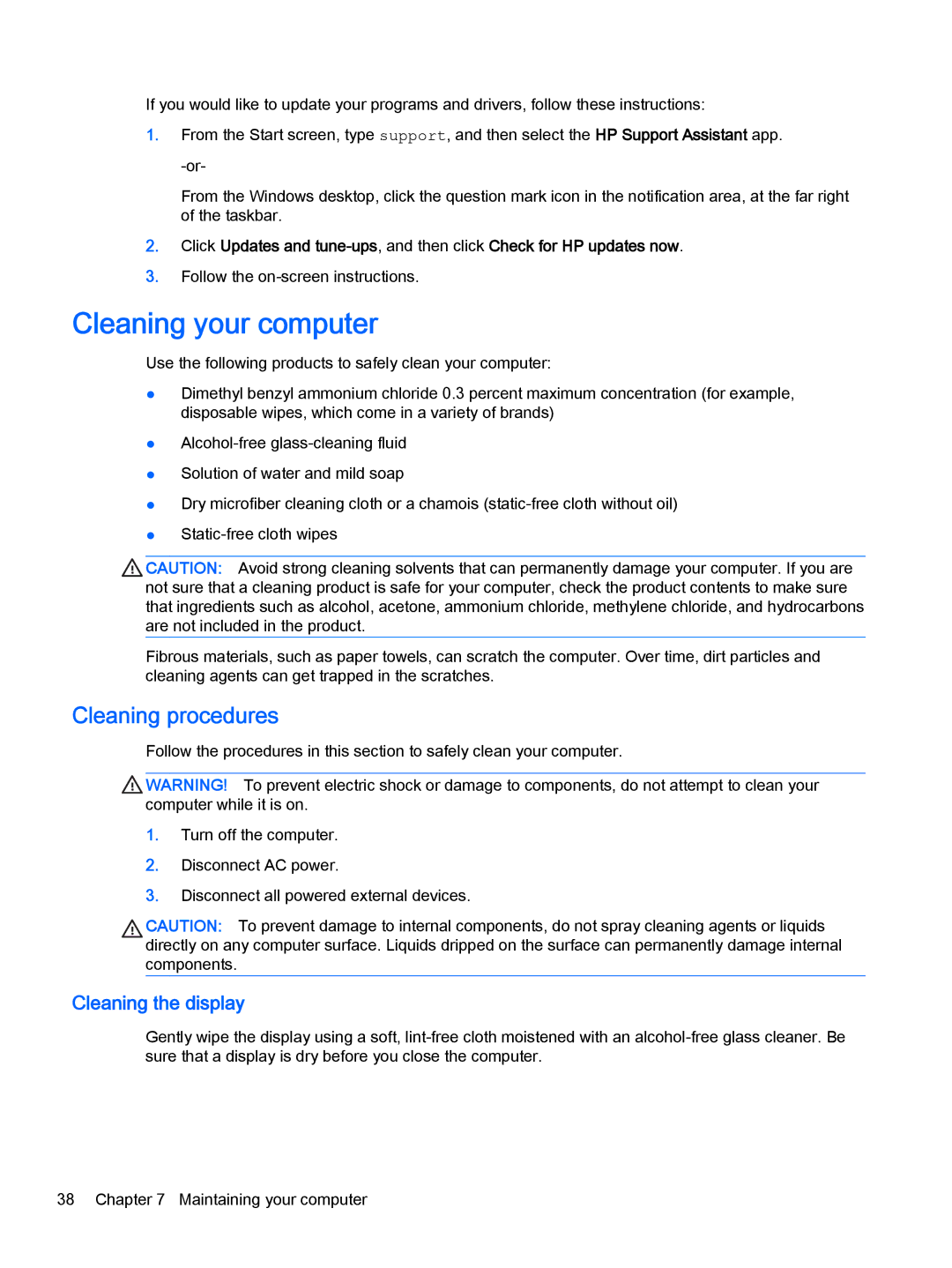 HP Stream - 13-c077nr, Stream - 13-c010nr manual Cleaning your computer, Cleaning procedures, Cleaning the display 