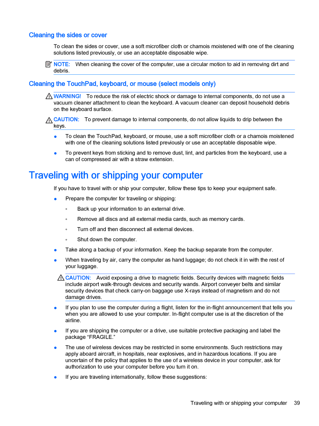 HP Stream - 13-c010nr, Stream - 13-c077nr manual Traveling with or shipping your computer, Cleaning the sides or cover 