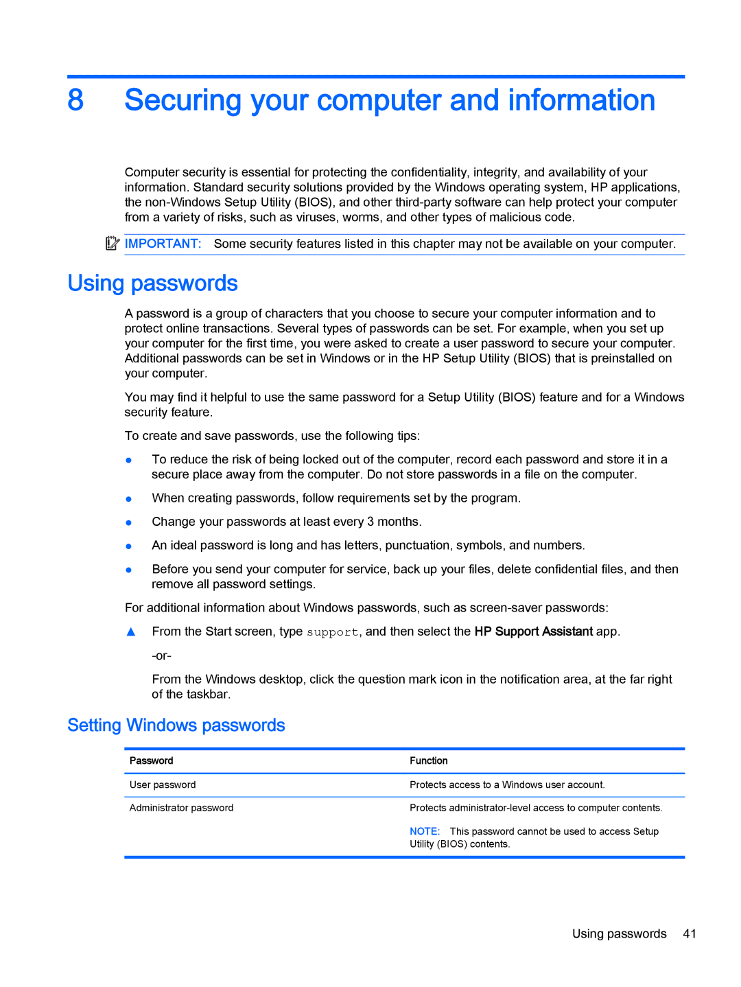 HP Stream - 13-c010nr manual Securing your computer and information, Using passwords, Setting Windows passwords 