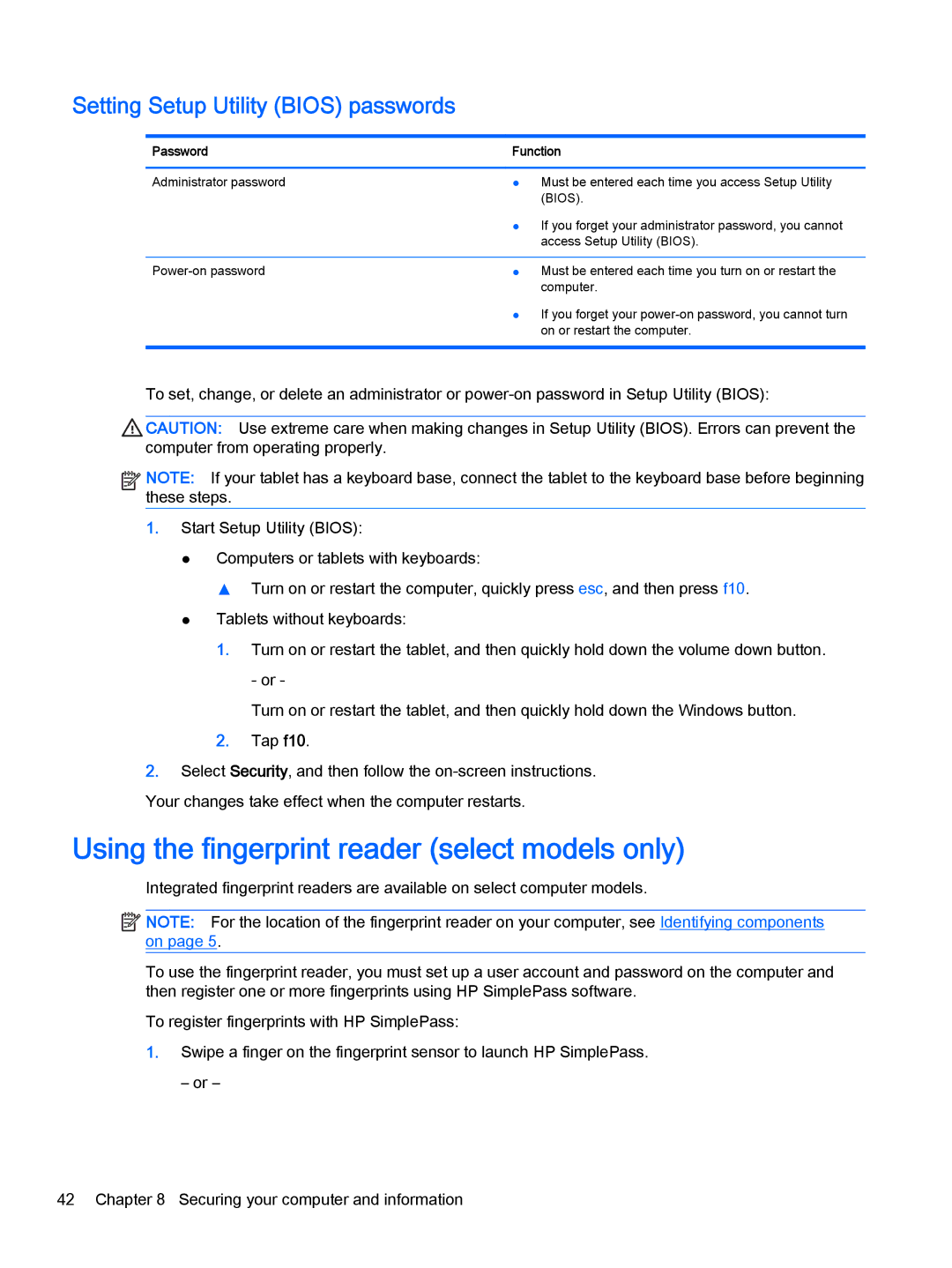 HP Stream - 13-c077nr manual Using the fingerprint reader select models only, Setting Setup Utility Bios passwords 