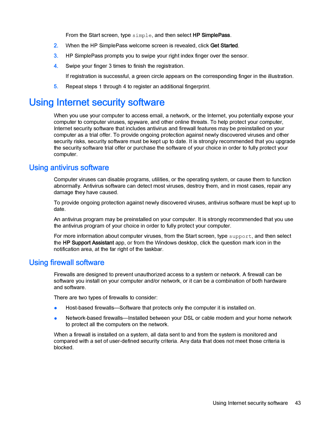 HP Stream - 13-c010nr manual Using Internet security software, Using antivirus software, Using firewall software 