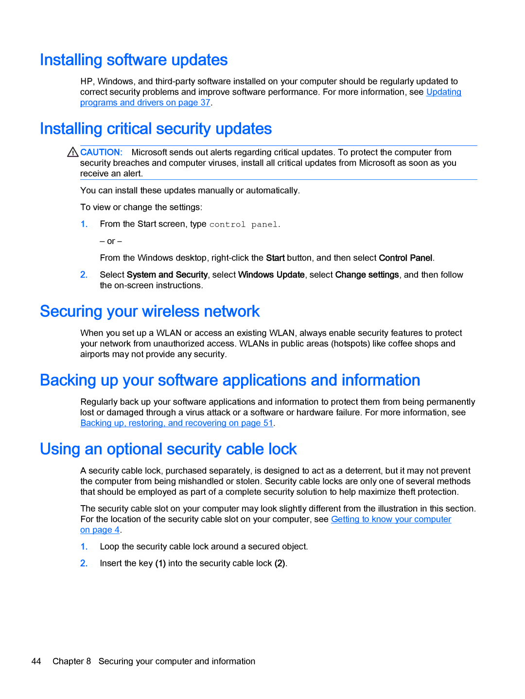 HP Stream - 13-c077nr Installing software updates, Installing critical security updates, Securing your wireless network 