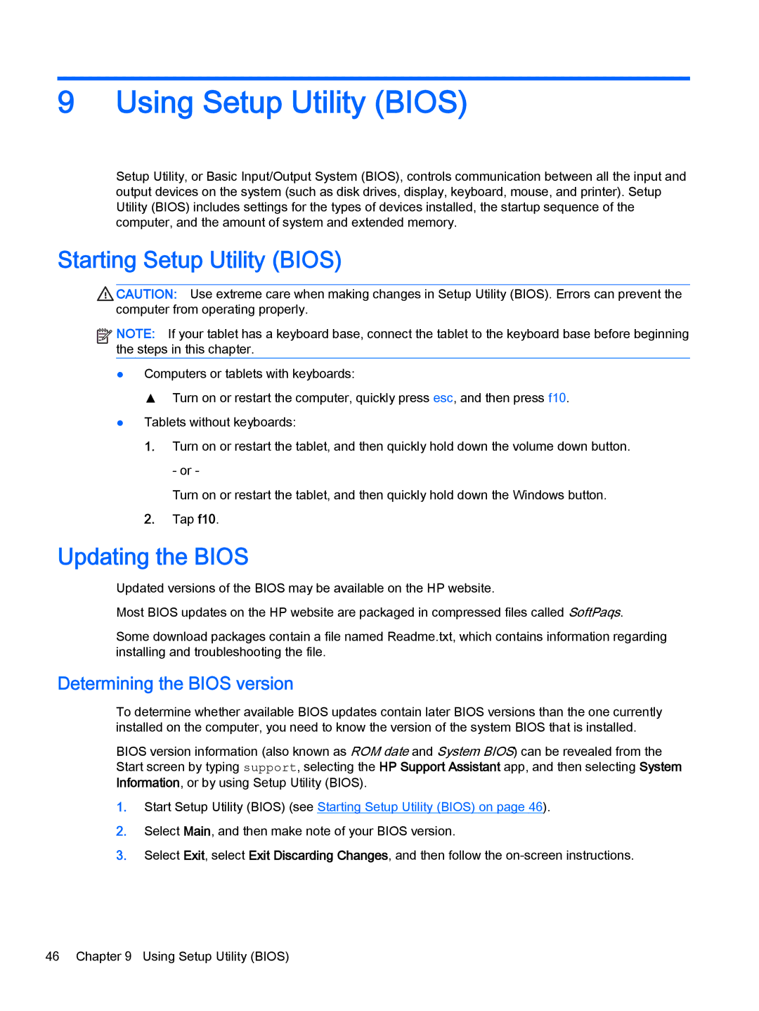 HP Stream - 13-c077nr, Stream - 13-c010nr manual Using Setup Utility Bios, Starting Setup Utility Bios, Updating the Bios 