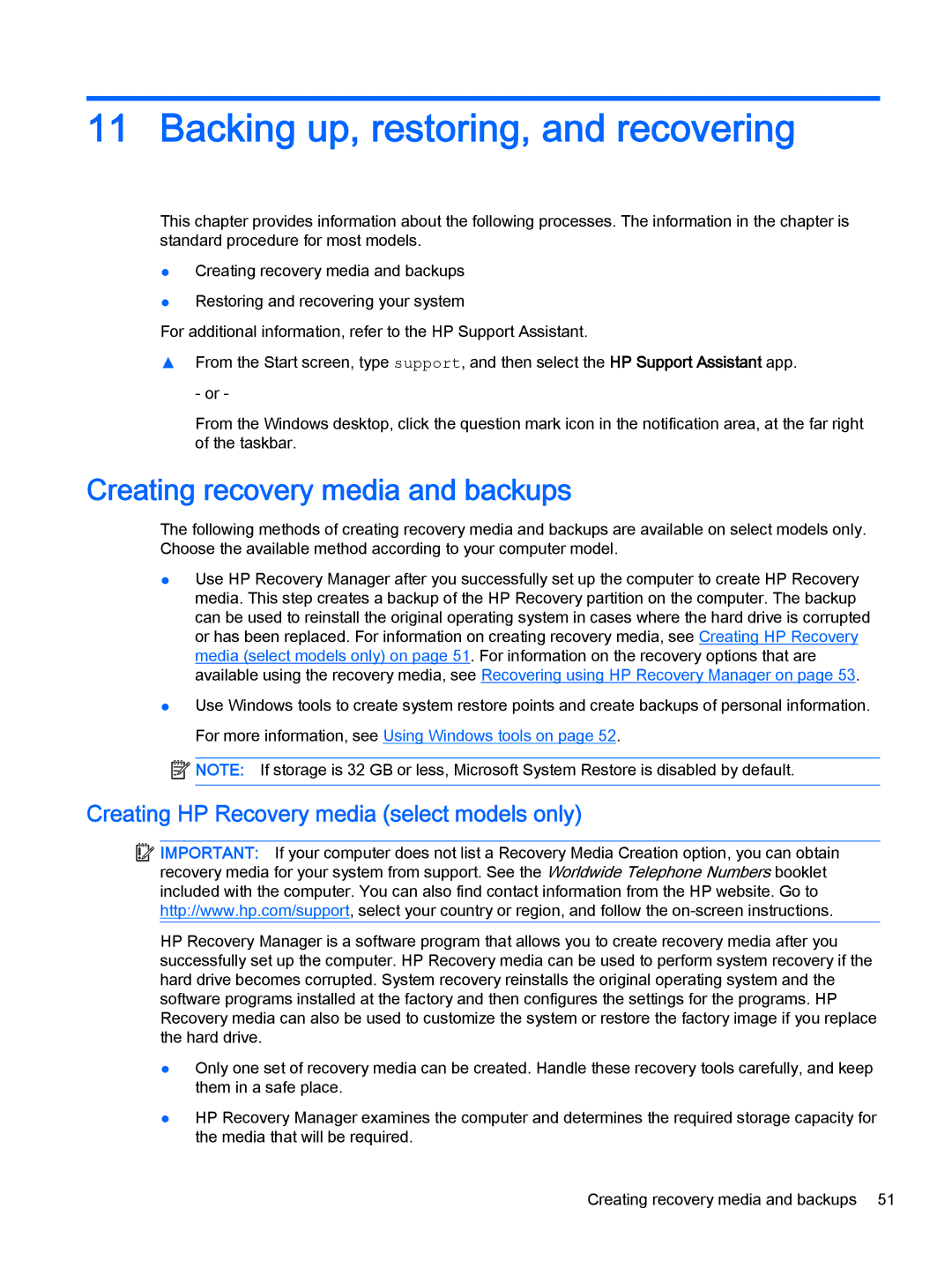 HP Stream - 13-c010nr, Stream - 13-c077nr manual Backing up, restoring, and recovering, Creating recovery media and backups 