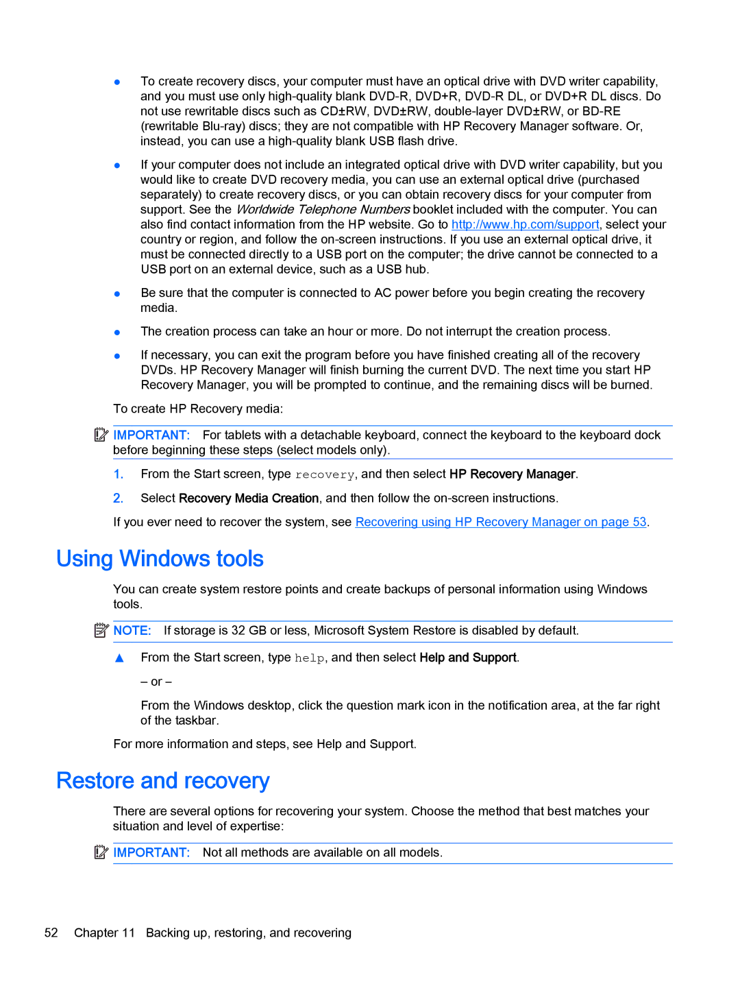 HP Stream - 13-c077nr, Stream - 13-c010nr manual Using Windows tools, Restore and recovery 