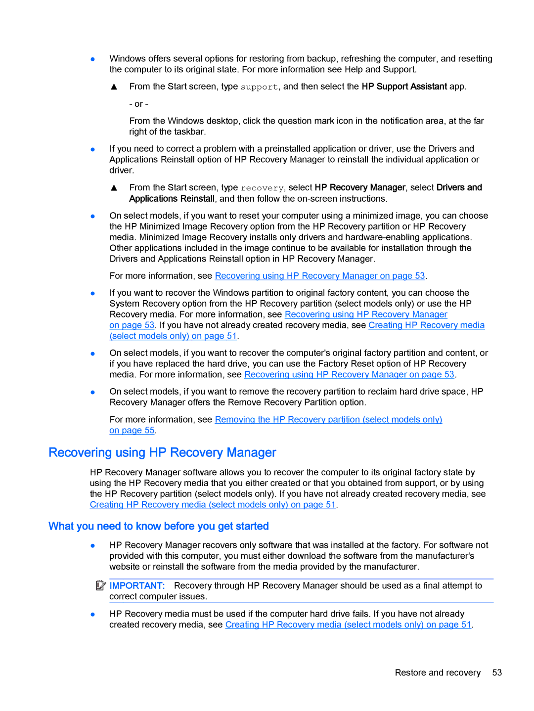 HP Stream - 13-c010nr manual Recovering using HP Recovery Manager, What you need to know before you get started 