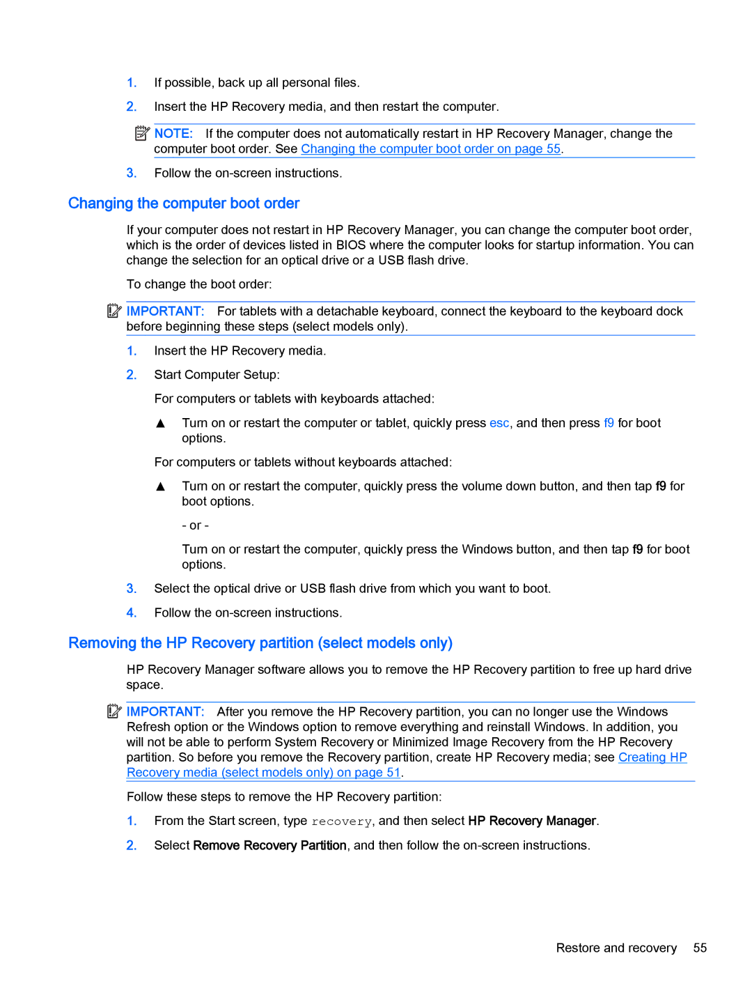 HP Stream - 13-c010nr manual Changing the computer boot order, Removing the HP Recovery partition select models only 