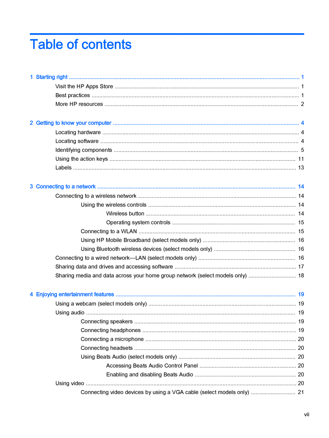 HP Stream - 13-c010nr, Stream - 13-c077nr manual Table of contents 