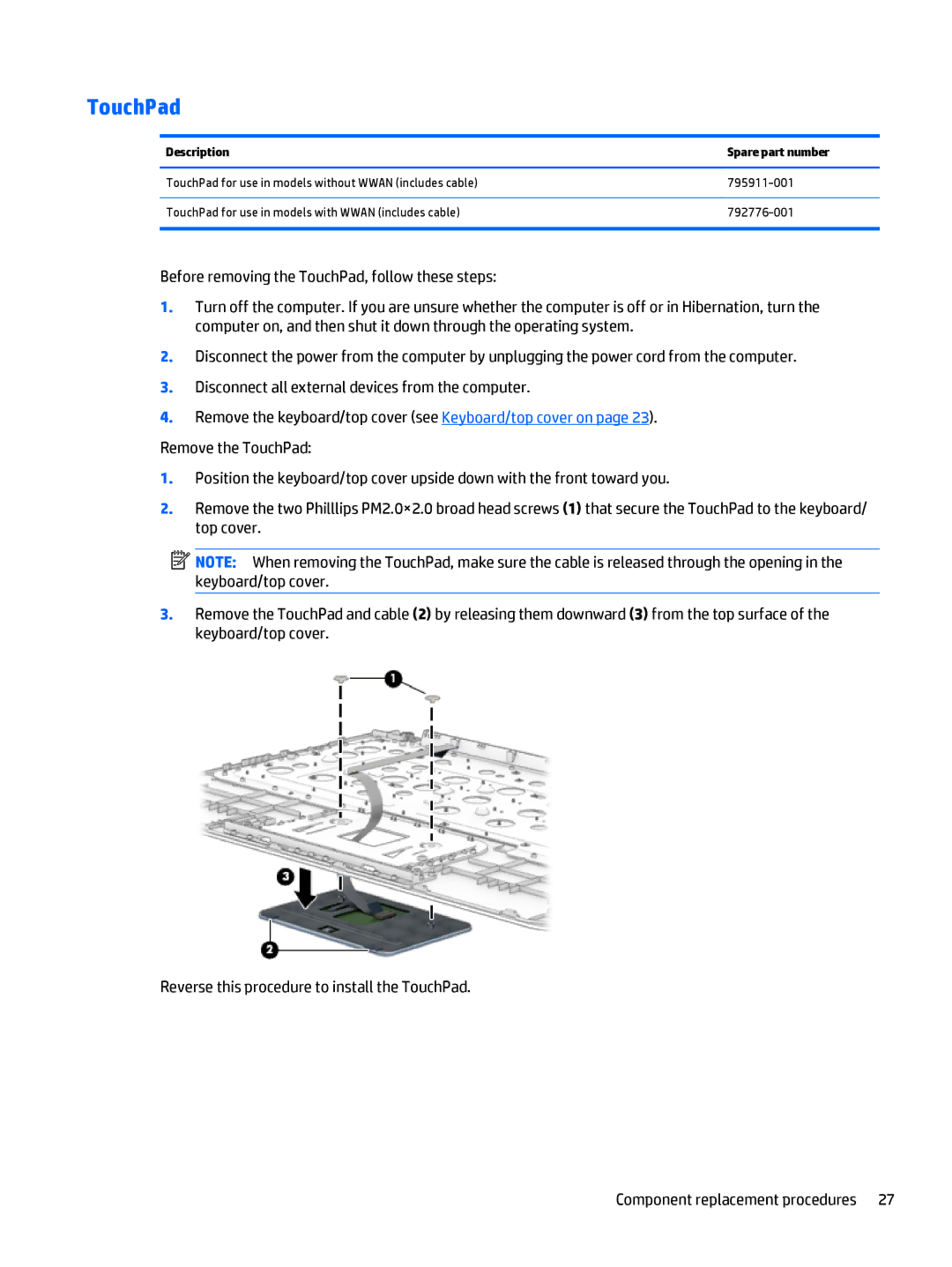 HP Stream - 13-c010nr, Stream - 13-c077nr manual TouchPad, Description Spare part number 