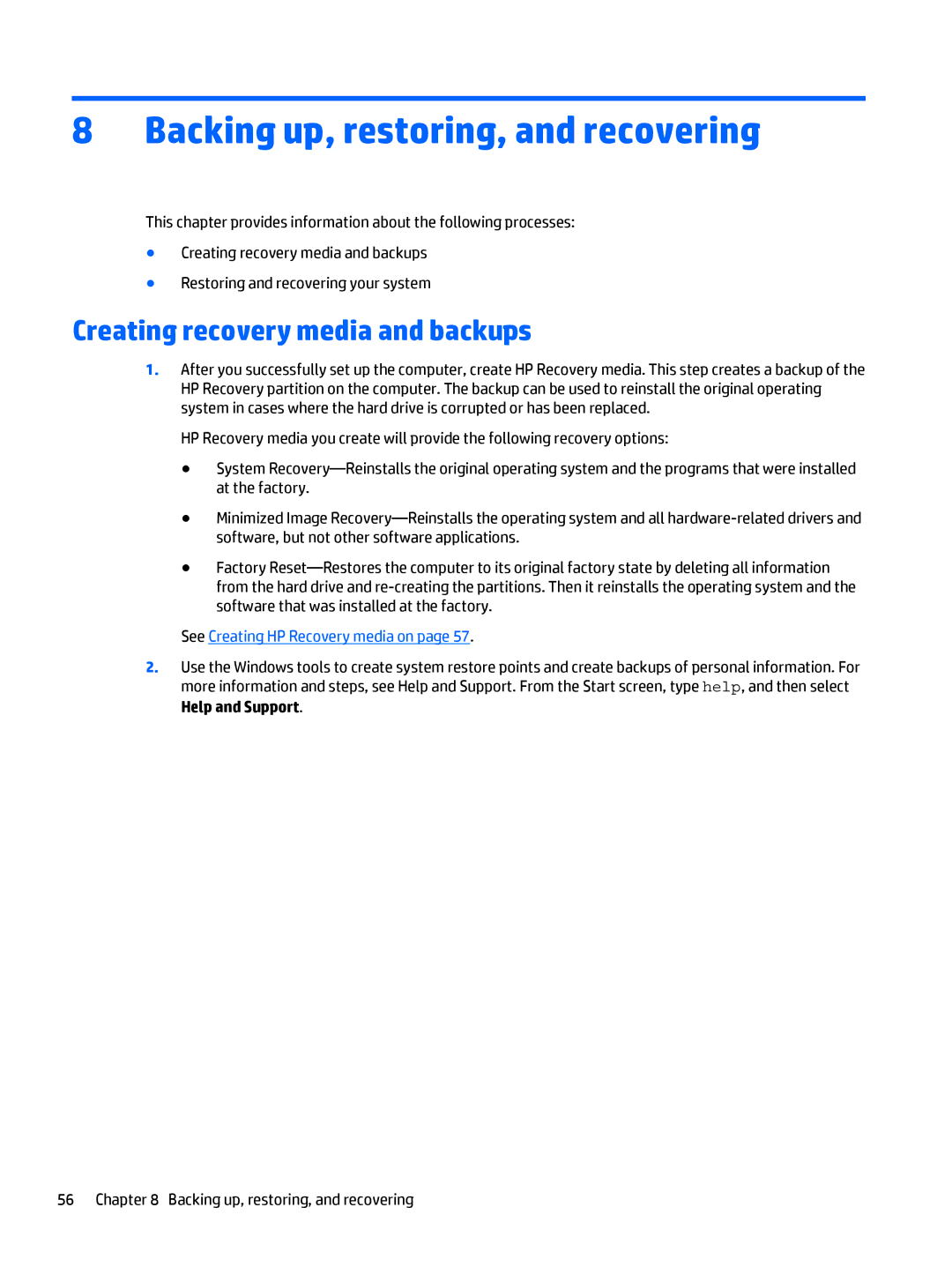 HP Stream - 13-c077nr, Stream - 13-c010nr manual Backing up, restoring, and recovering, Creating recovery media and backups 