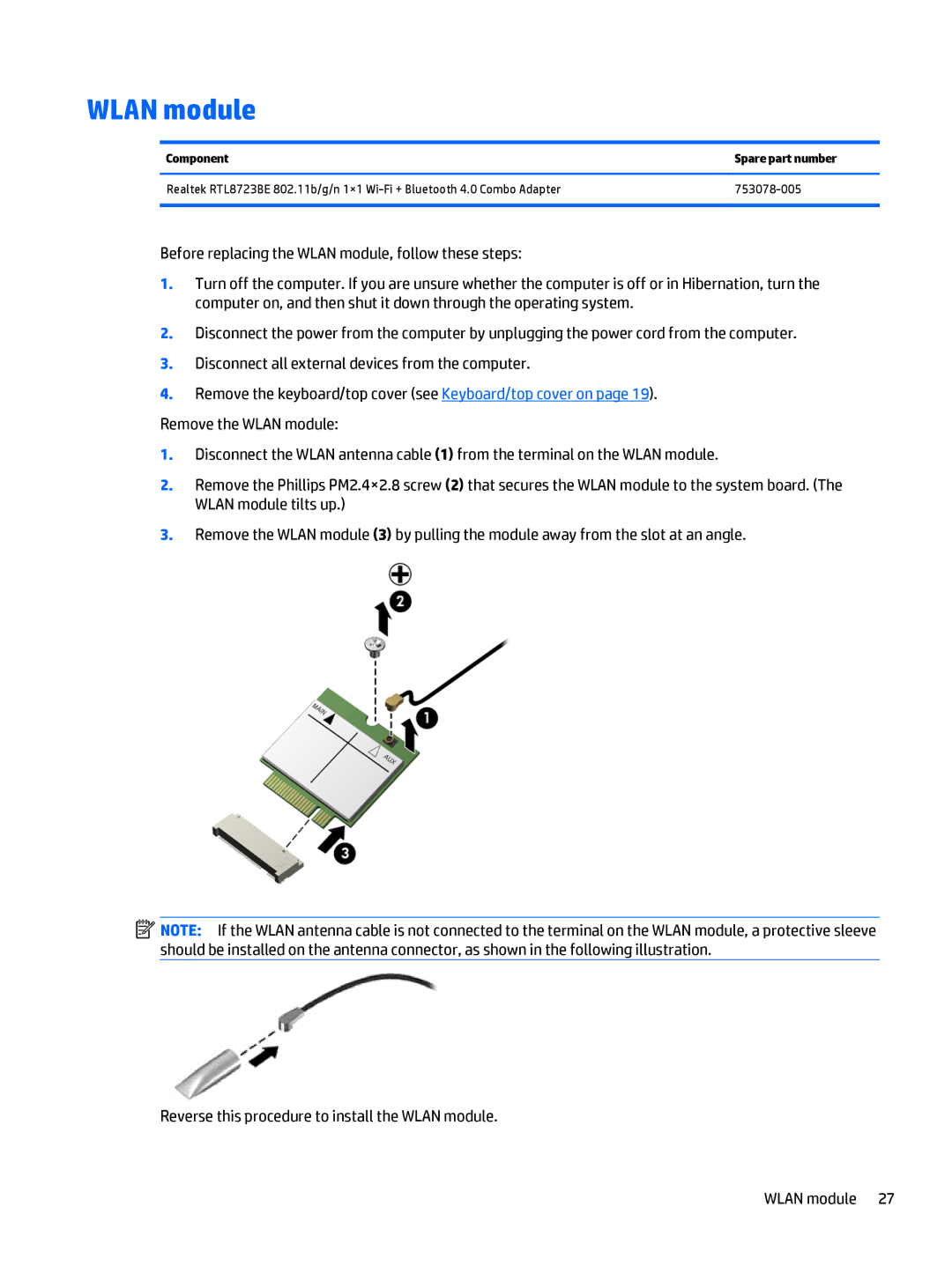 HP Stream - 14-z040wm, Stream - 14-z010nr, Stream - 14-z010ca manual Wlan module, Component Spare part number 