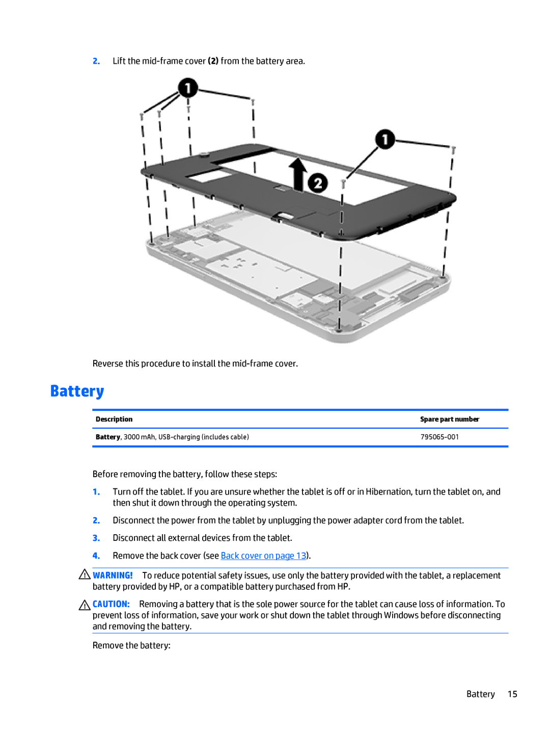 HP Stream 7 - 5701, Stream 7 - 5709 manual Battery 