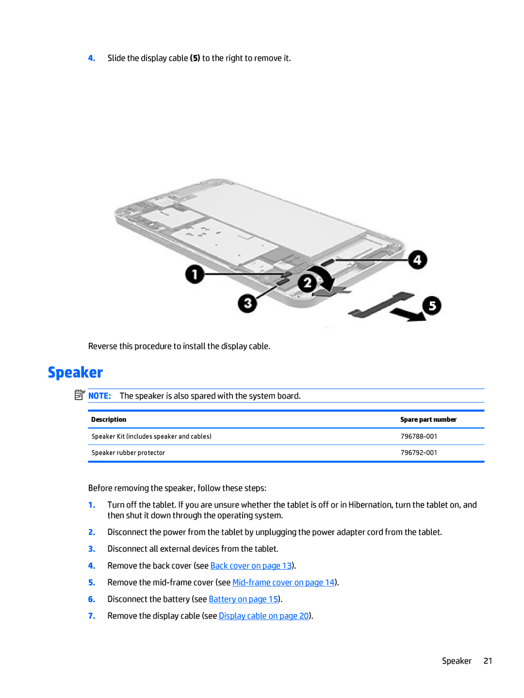 HP Stream 7 - 5701, Stream 7 - 5709 manual Speaker, Description Spare part number 