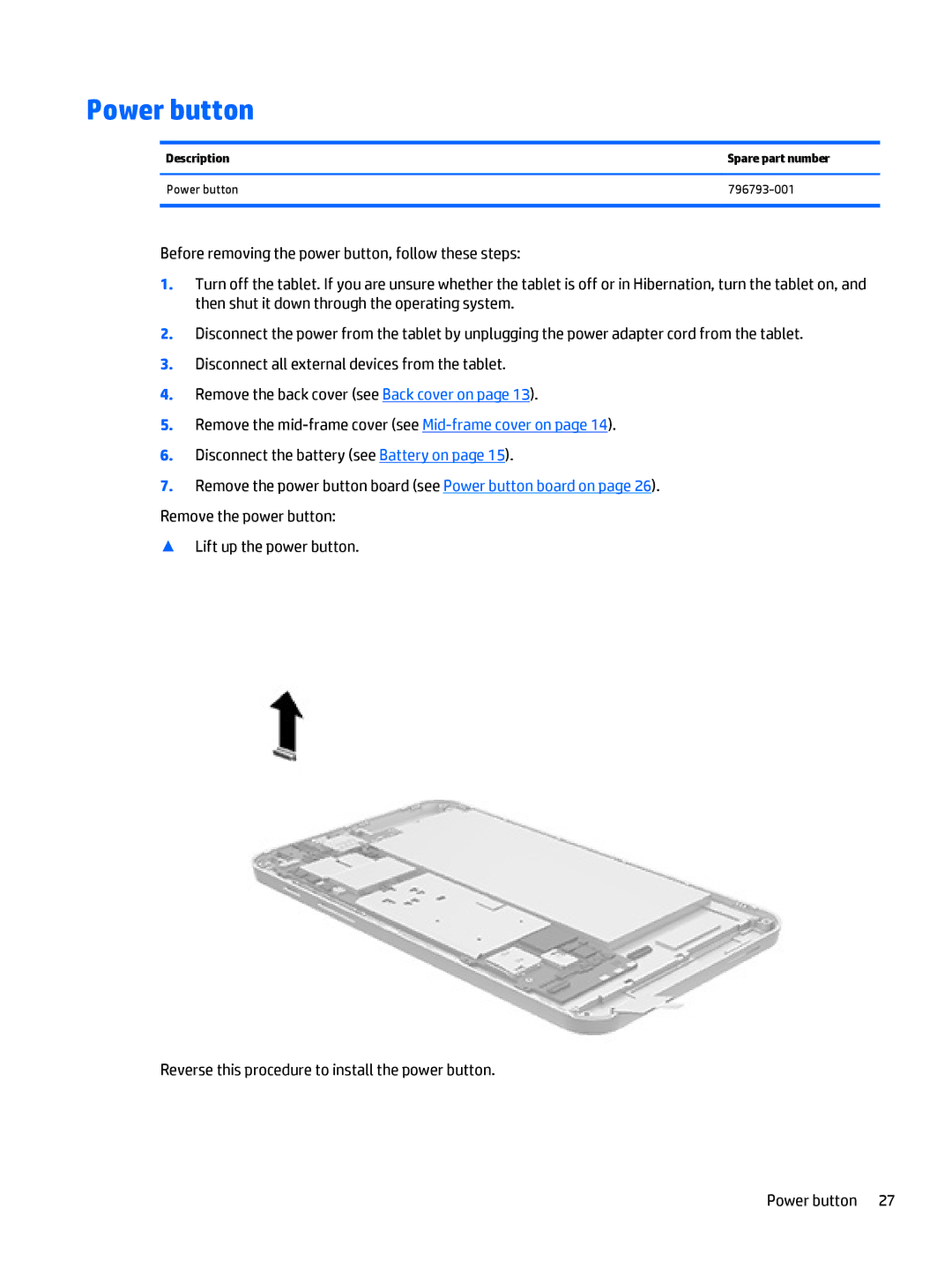 HP Stream 7 - 5701, Stream 7 - 5709 manual Description Spare part number Power button 796793-001 