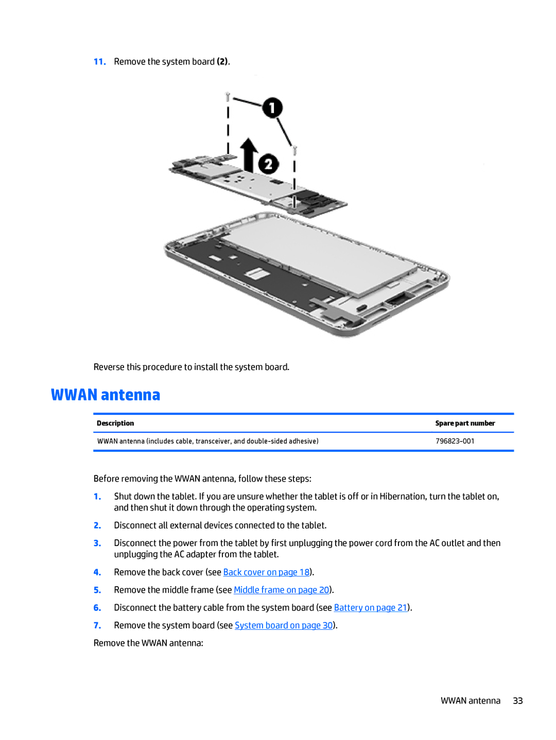 HP Stream 8 - 5801, Stream 8 - 5909 manual Wwan antenna, Description Spare part number 