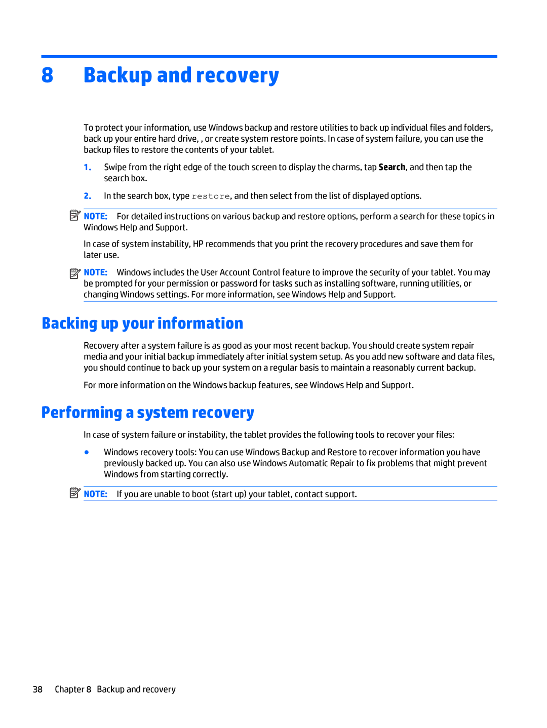 HP Stream 8 - 5909, Stream 8 - 5801 manual Backup and recovery, Backing up your information, Performing a system recovery 