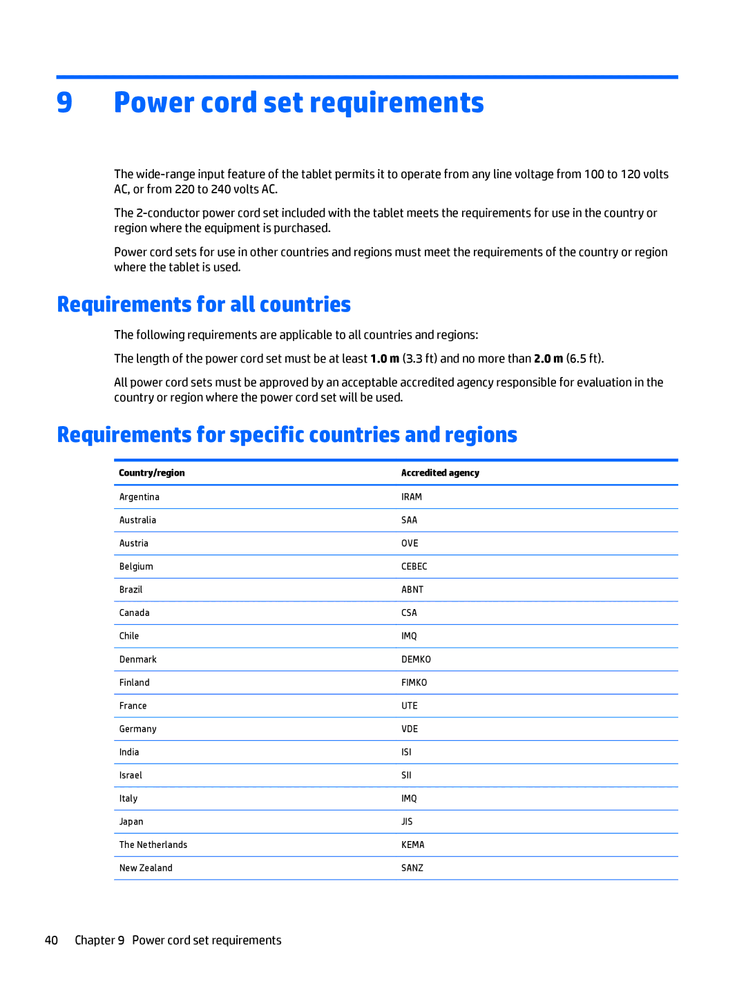 HP Stream 8 - 5909 manual Power cord set requirements, Requirements for all countries, Country/region Accredited agency 