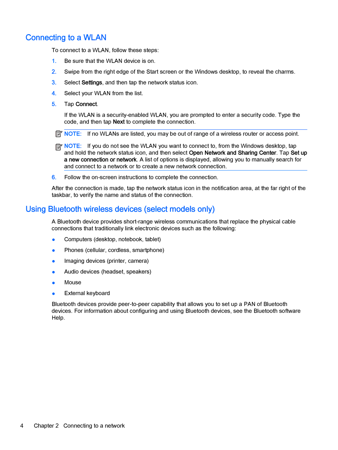 HP Stream 8 - 5801ca, Stream 8 - 5909 manual Connecting to a Wlan, Using Bluetooth wireless devices select models only 