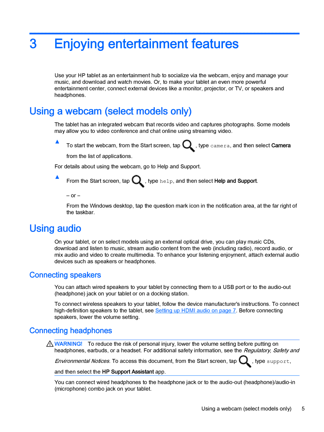 HP Stream 7 - 5709 Enjoying entertainment features, Using a webcam select models only, Using audio, Connecting speakers 