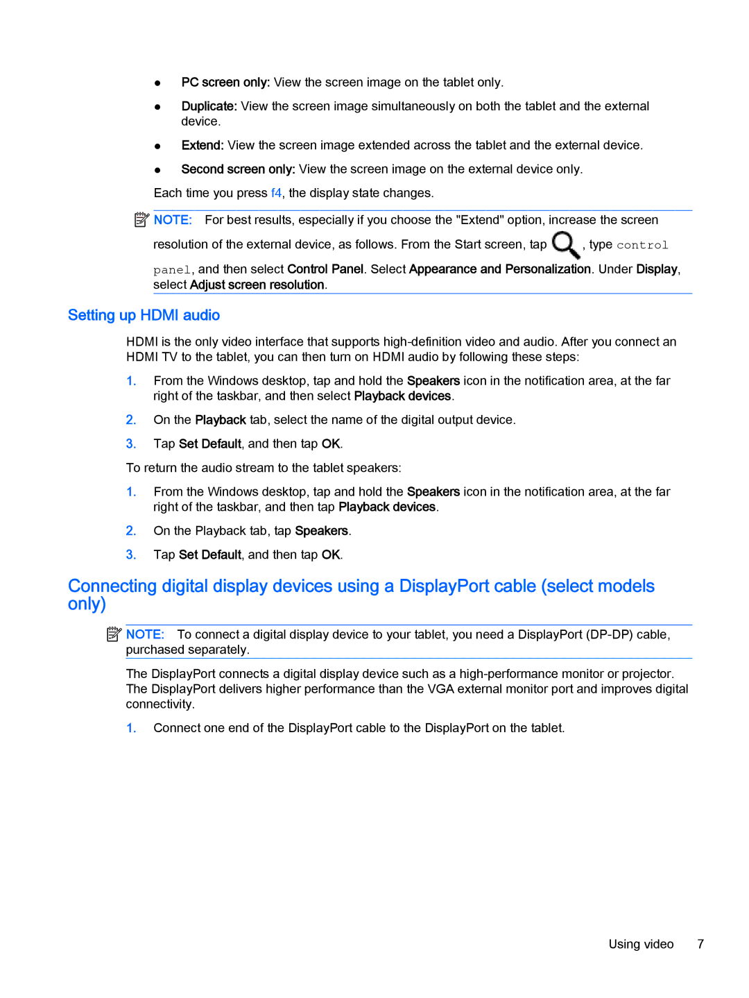 HP Stream 7 - 5701, Stream 8 - 5909, Stream 8 - 5901, Stream 8 - 5801ca, Stream 7 - 5709 manual Setting up Hdmi audio 