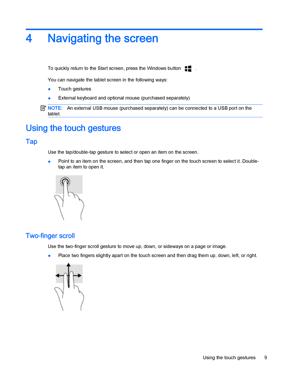 HP Stream 8 - 5901, Stream 8 - 5909 manual Navigating the screen, Using the touch gestures, Tap, Two-finger scroll 