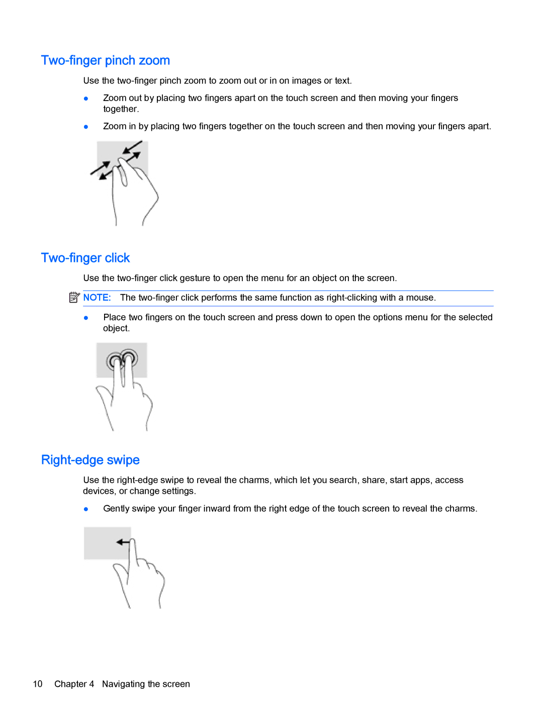 HP Stream 8 - 5801ca, Stream 8 - 5909, Stream 8 - 5901 manual Two-finger pinch zoom, Two-finger click, Right-edge swipe 