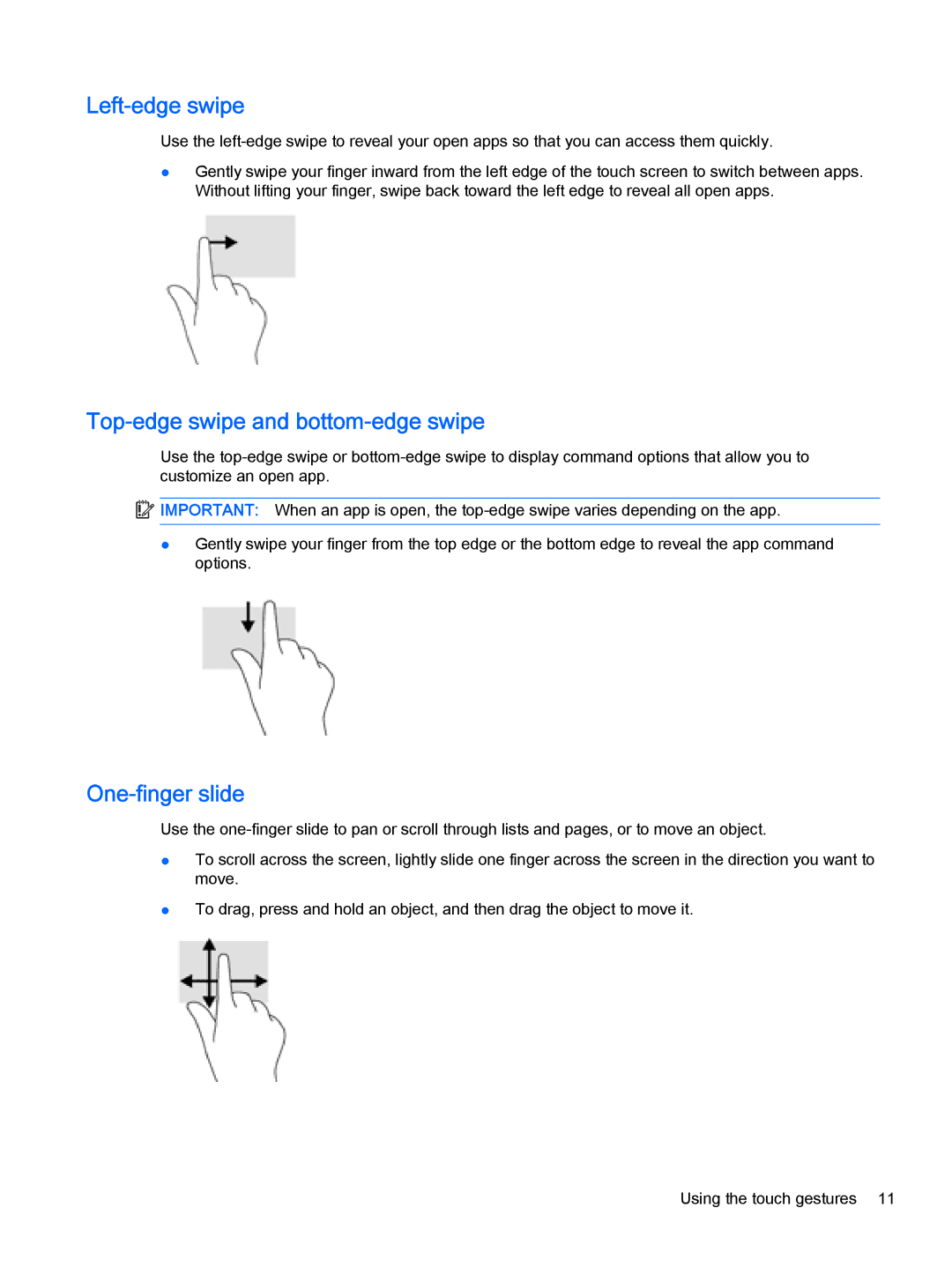 HP Stream 7 - 5709, Stream 8 - 5909 manual Left-edge swipe, Top-edge swipe and bottom-edge swipe, One-finger slide 