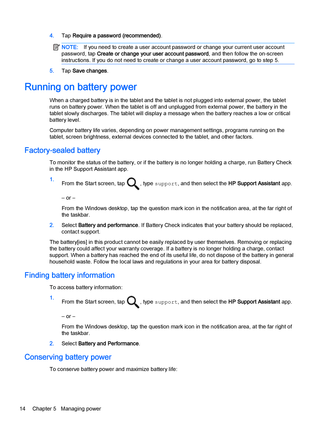 HP Stream 8 - 5909 Running on battery power, Factory-sealed battery, Finding battery information, Conserving battery power 